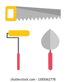 Construction equipments saw, roller and spatula, renovation and mending instruments on white. Handle tool in flat design style, engineering object vector