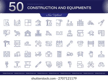 Ícone de traçado de construção e equipamentos. Conjunto de ícones de linha de construção e equipamentos. ícone de traçado editável pacote. Pacote De Ícones De Estilo Linear, Fino E Linha. Totalmente personalizável