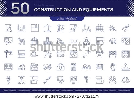 Construction and equipments stroke icon. Construction and equipments line icon set. editable stroke icon pack. Line, Thin, Linear Style Icon Bundle. Fully Customizable