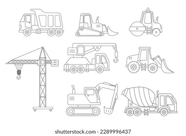 Construction excavation, road roller, crane and truck. Outline illustrations set isolated on white. Childish cute construction vehicle for coloring book