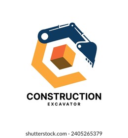 Construction Excavator Hexagon Shape 3D Logo design Modern creative simple concept box style