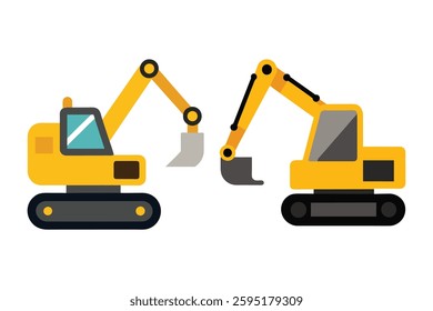 construction excavator logo, Yellow excavator flat vector illustration isolated on white background, heavy construction equipment, excavator digger machine clip art
