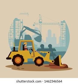 construction excavator machine digging hole, urban scenery round icon vector illustration graphic design