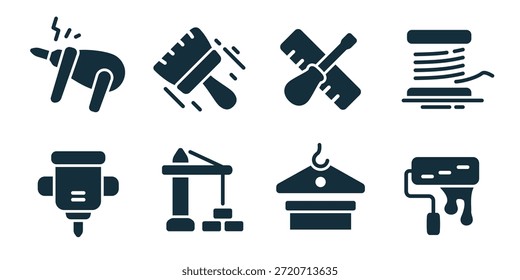 Construcción excelente icono de colección. Martillo neumático, martillo, destornillador, carrete de cable, taladro, grúa de torre, carga colgante, rodillo de pintura