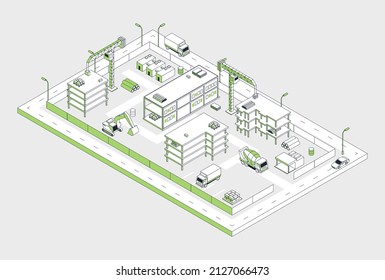 Construction fabric isometric. Production, modern world. Globalization and manufacturing. City, transport on streets, business or big company, infrastructure. Cartoon flat vector illustration