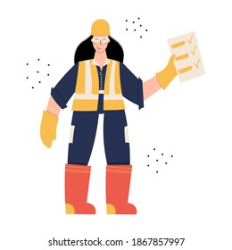 Construction or factory female worker wearing hard hat, safety gloves, glasses, high visibility vest, work clothing and safety boots. Woman on safety inspection with check-list. Health and safety at w