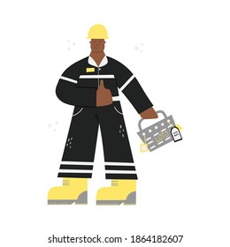 Construction or factory industrial worker wearing hard hat, work clothing and boots. Worker LOTO box, locks; tags. Health and safety at work. PPE. Lock out Tag out