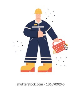 Construction or factory industrial worker wearing hard hat, work clothing and boots. Worker LOTO box, locks; tags. Health and safety at work. PPE. Lock out Tag out