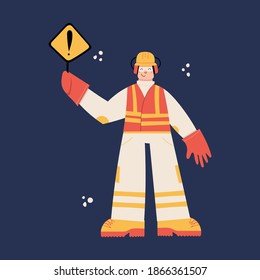 Construction or factory industrial worker wearing hard hat, earmuffs, safety gloves, high visibility vest, work clothing and boots. Worker with danger sign hazard warning. Health and safety at work