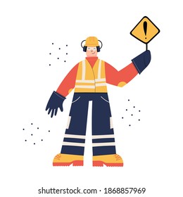 Construction Or Factory Industrial Worker Wearing Hard Hat, Earmuffs, Safety Gloves, High Visibility Vest, Work Clothing And Boots. Worker With Danger Sign Hazard Warning. Health And Safety At Work