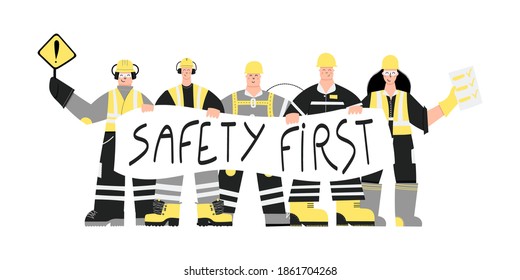 Construction Or Factory Industrial Workers Wearing Personal Protective Equipment With Safety First Poster In Hands. Workers Character Design. Health And Safety At Work. PPE