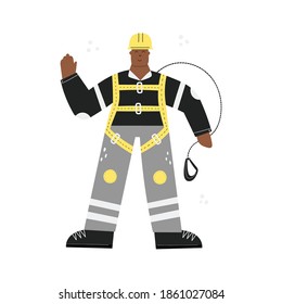 Construction or factory worker wearing hard hat, safety harness, face mask, work clothing and safety boots. Black man ready to work at height. Health and safety at work. PPE