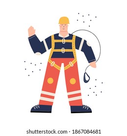 Trabajadores de la construcción o de la fábrica con sombrero duro, arnés de seguridad, ropa de trabajo y botas de seguridad. Hombre listo para trabajar a su altura. Salud y seguridad en el trabajo. PPE