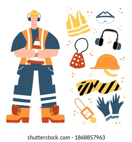 Construction or factory worker wearing hard hat, earmuffs, high visibility vest, work clothing and boots. Worker with traffic cone. Safety equipment and PPE clipart with warning tape, safety gloves