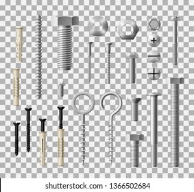 Construction fasteners and furniture screws, bolts and nuts. Vector realistic metallic lag screws, bolts and hex cap nuts, wood fasteners or eye hooks and drywalls and twinfasts. Mixed media