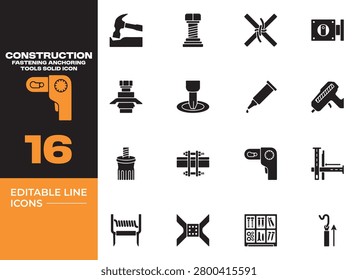 Construction fastening anchoring tools solid icons representing installation hardware building equipment and structural fastening applications.