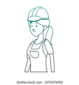 Construction female worker cartoon on blue lines