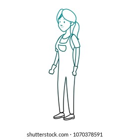 Construction female worker cartoon on blue lines