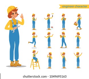 Construction female worker character vector design. Animate personage set. Fun cartoon person. Isolated on white background.