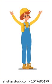 Construction female worker character vector design. Animate personage. Fun cartoon person. Isolated on white background.