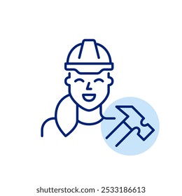 Construction female worker in hard hat with hammer. Repairs, renovation and craft. Pixel perfect, editable stroke icon