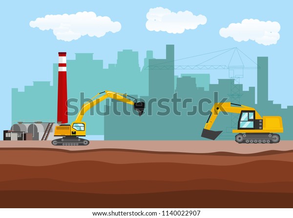 Construction field theme, buildings\
construction silhouettes, working excavators,\
plant