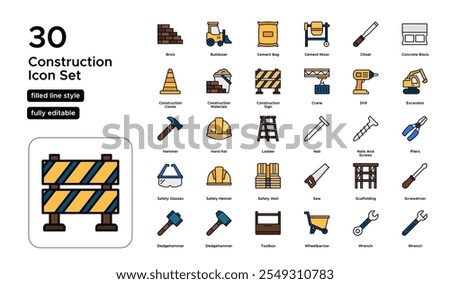 Construction Filled Line Icon Set: Tools, Equipment, Safety Gear, and Building Materials Icons