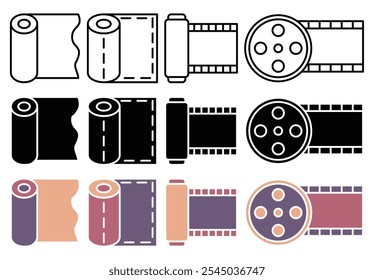 Coleção de ícones de rolo de filme de construção sobre fundo branco