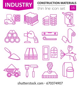 Construction and finishing materials icon set. Thin line design isolated on white. Create your industrial infographics collection. Vector illustration
