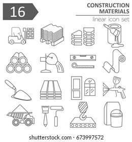 Construction and finishing materials icon set. Thin line design isolated on white. Create your industrial infographics collection. Vector illustration