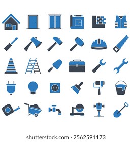 Construction flat editable icon set, construction tools set vector illustrations