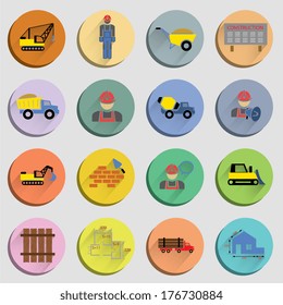Construction flat icons set of site crane truck and mixer isolated vector illustration