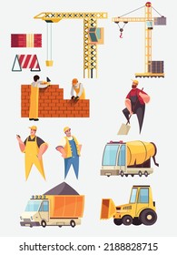 Construction flat set with unfinished building pipes crane bulldozer workers concrete mixer excavator isolated icons