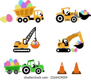 Construction Fleet Easter illustration, Easter Egg, Tractor, Excavator, Crane, Dump Truck, Bulldozer