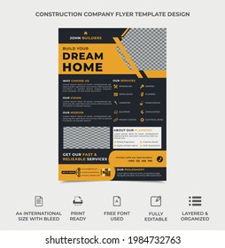 construction flyer design, business flyer design, brochure cover template design. two images can be placed in template, yellow and black color used, professional flyer template, vector a4 size eps 10