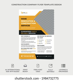 diseño de volante de construcción, diseño de volante corporativo, diseño de plantillas de portada de folletos. una imagen se puede colocar en plantilla, color amarillo y negro utilizado, plantilla de volante profesional, vector a4 tamaño eps 10
