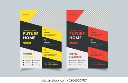 construction flyer design template, home repair flyer, home build color a4 print ready flyer