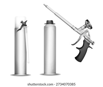 Construction foam bottle vector illustration of 3D PU foam sprayer gun or pistol and metallic container tube. Realistic isolated details of construction foam bottle mockup model
