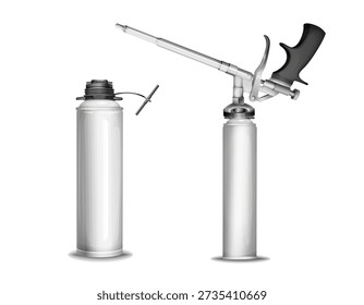 Construction foam vector illustration of 3D PU polyurethane foam sprayer gun or pistol and metallic container. Realistic isolated construction foam bottle mockup model mechanism