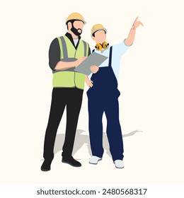 construction foreman discussing building plans with supervisor, both wearing hardhats on site vector