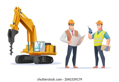 Construction foreman and engineer character with drill excavator illustration