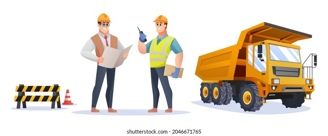 Construction foreman and engineer character with truck, construction sign, and traffic cone illustration