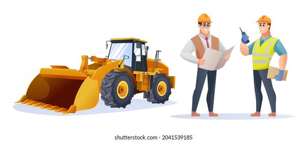 Construction foreman and engineer character with wheel loader illustration