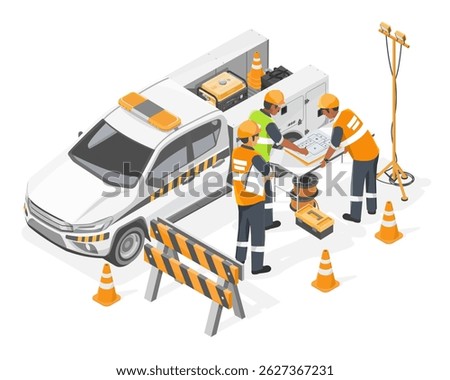 Construction foreman and engineers reviewing site plans at mobile workstation near service vehicle with safety barriers and equipment on road project cartoon