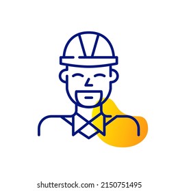 Foto del perfil del capataz de la construcción. Una persona con barba usando un sombrero duro y una camisa. Icono de color de la línea de dibujo de píxeles perfecto, modificable