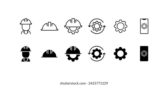 Conjunto de iconos de construcción y engranajes. Lineman, constructor en casco duro, casco de construcción, engranajes, pantalla de teléfono con engranaje. Iconos vectoriales