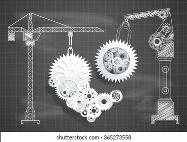  Construction of gears and cogs heart blueprint chalkboard vector illustration 