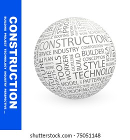 CONSTRUCTION. Globe with different association terms. Wordcloud vector illustration.