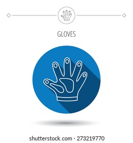Construction gloves icon. Textile hand protection sign. Housework cleaning equipment symbol. Blue flat circle button. Linear icon with shadow. Vector