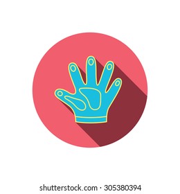 Construction gloves icon. Textile hand protection sign. Housework cleaning equipment symbol. Red flat circle button. Linear icon with shadow. Vector